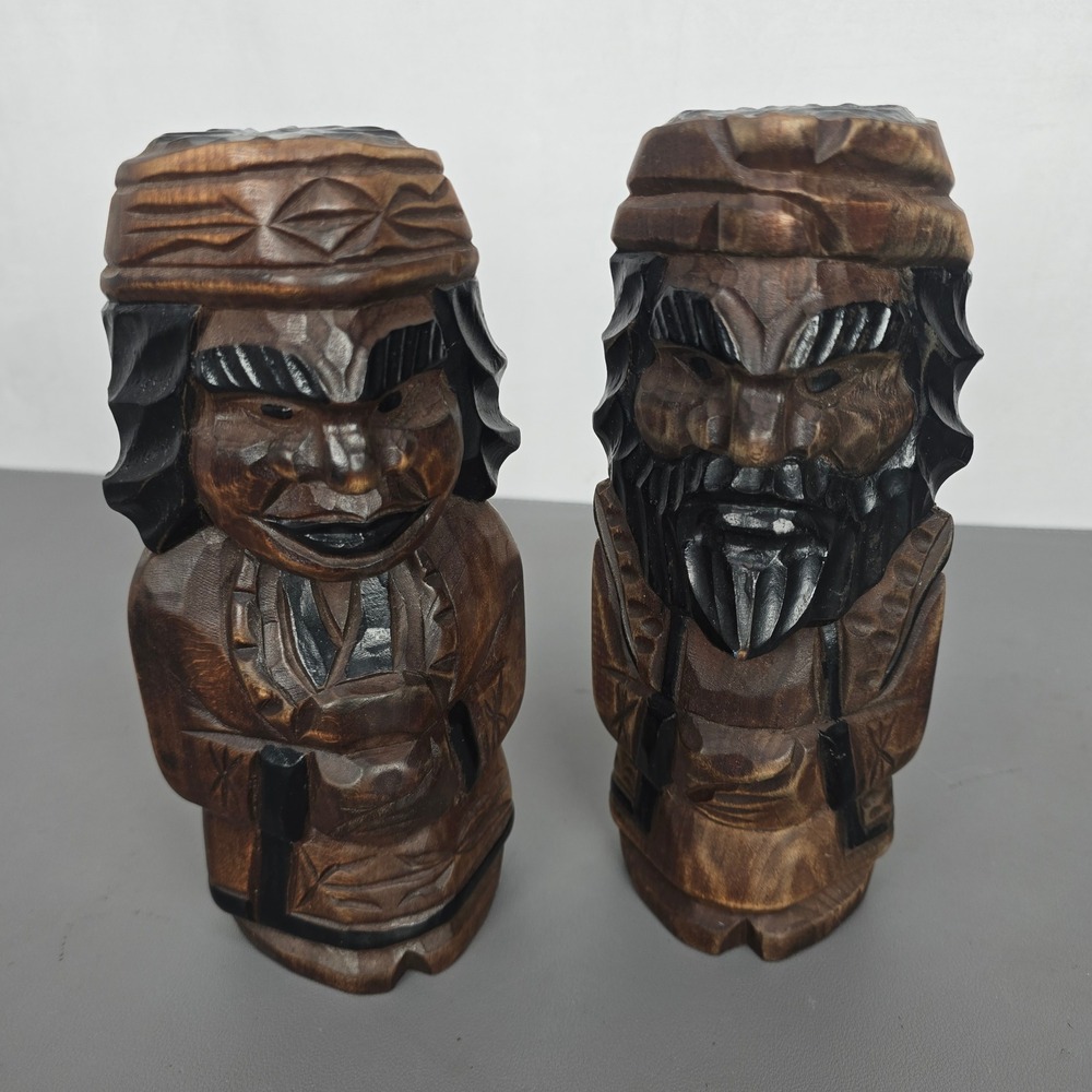 Vintage Ainu Hand Carved Wood Figures Hokkaido Japan Folk Art Statues Set of 2